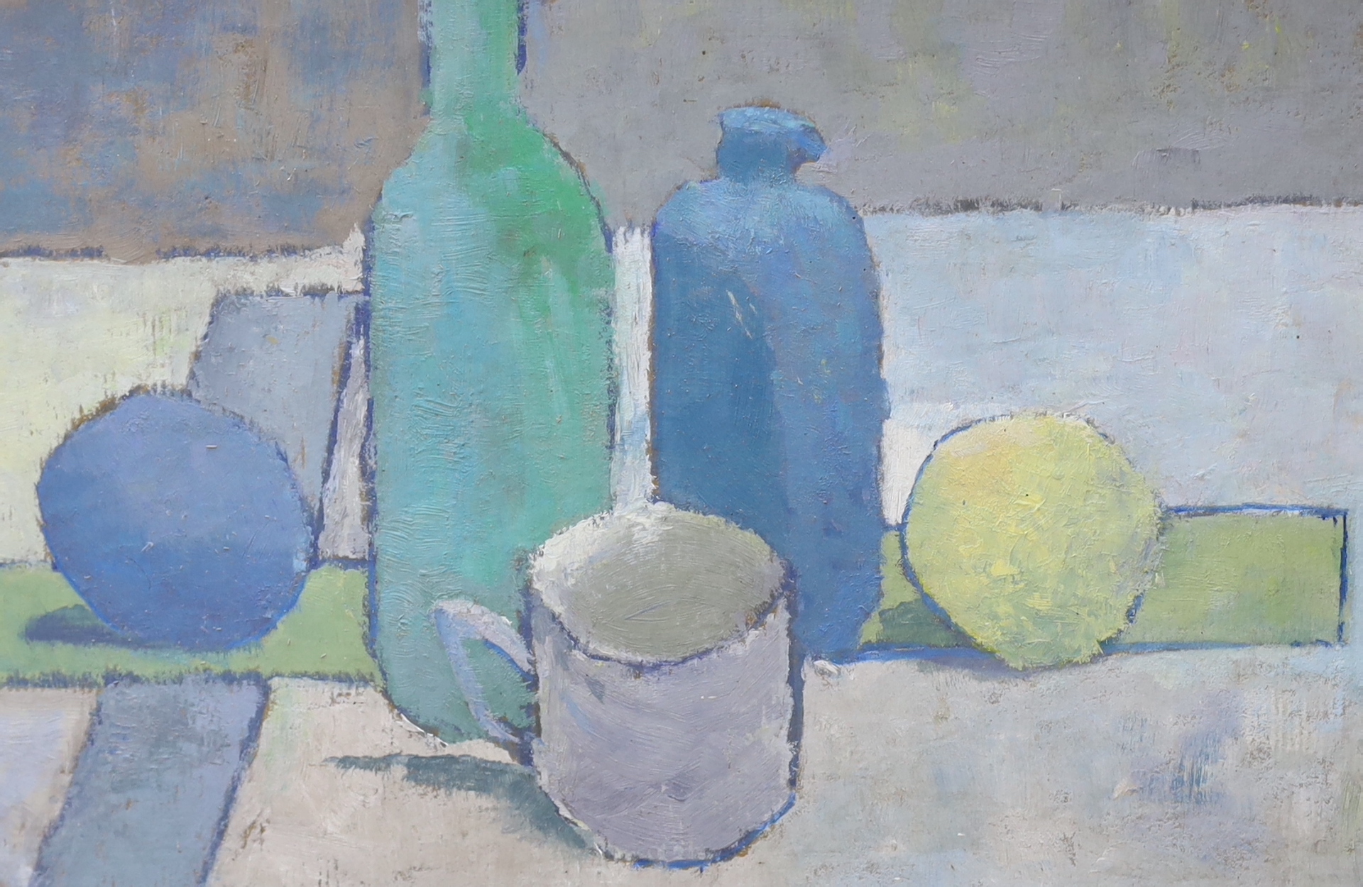 Billie Newey (Contemporary), oil on board, Still life of vessels, 37cm x 24cm